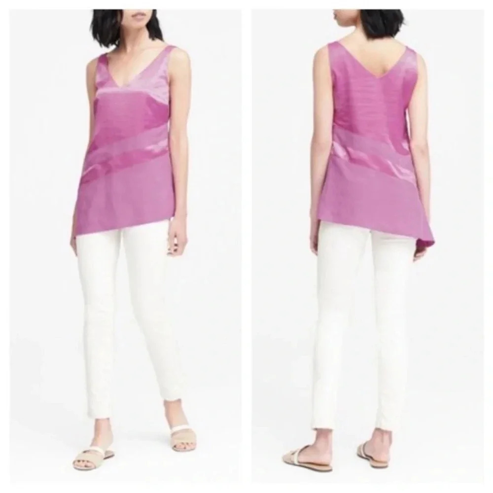 Banana republic asymmetrical Hem silk look pink orchid blouse stripe sheen tank